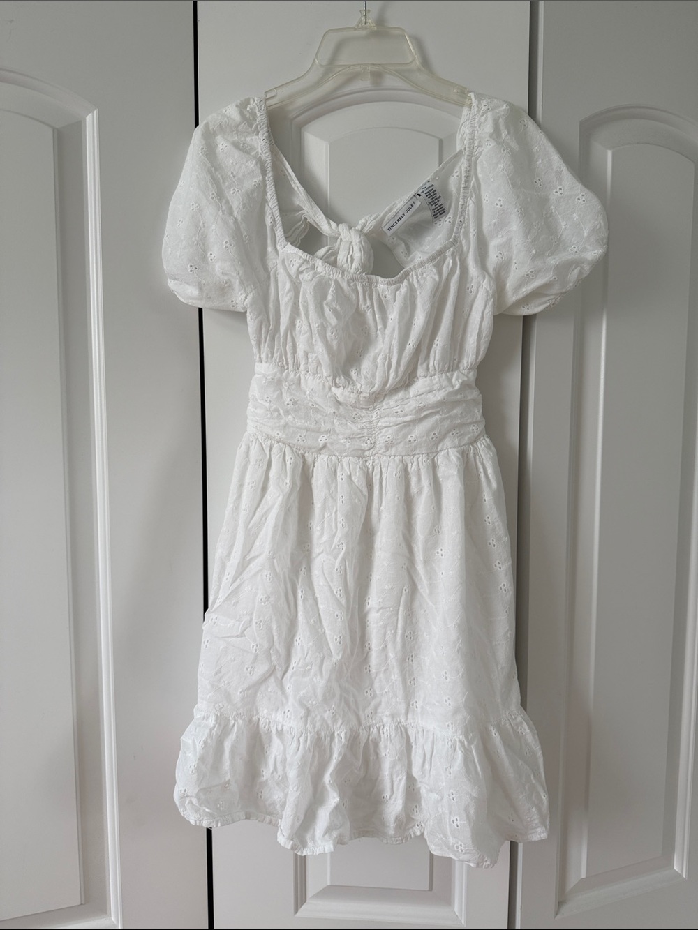 Sincerly Jules White Eyelet Puff-Sleeve Tie-Back Mini Dress